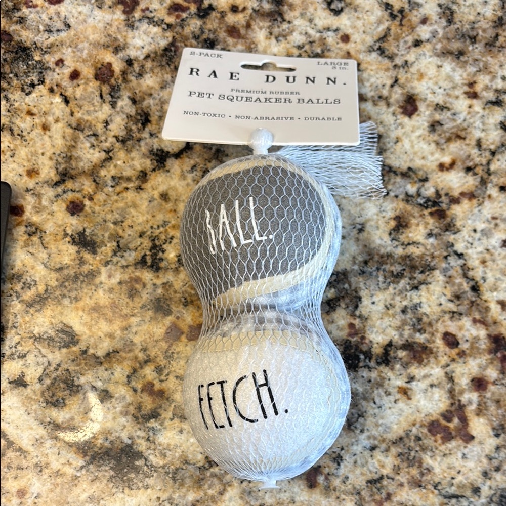 Brand New Rae Dunn 2-Pack Pet/Dog Squeaker Tennis Balls 3 in “Ball” & “Fetch”
